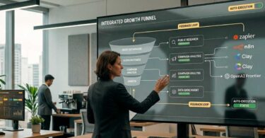 Equipe de marketing em escritório moderno analisando um painel digital de 'Integrated Growth Funnel'. A tela exibe fluxos de automação com logos de ferramentas como Zapier, n8n e Clay. Ambiente corporativo realista com iluminação suave e vista urbana ao fundo