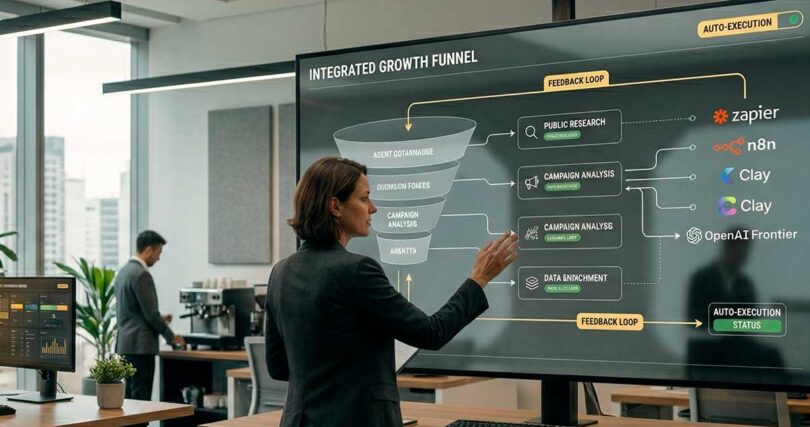Equipe de marketing em escritório moderno analisando um painel digital de 'Integrated Growth Funnel'. A tela exibe fluxos de automação com logos de ferramentas como Zapier, n8n e Clay. Ambiente corporativo realista com iluminação suave e vista urbana ao fundo