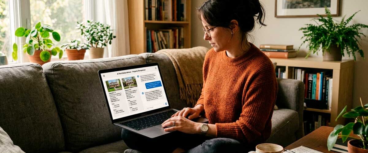 Mulher sentada no sofá de casa usando um laptop para comparar imóveis através de um chat com inteligência artificial. A tela mostra fotos de casas e uma análise comparativa detalhada fornecida por um agente de IA
