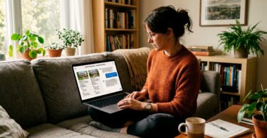Mulher sentada no sofá de casa usando um laptop para comparar imóveis através de um chat com inteligência artificial. A tela mostra fotos de casas e uma análise comparativa detalhada fornecida por um agente de IA