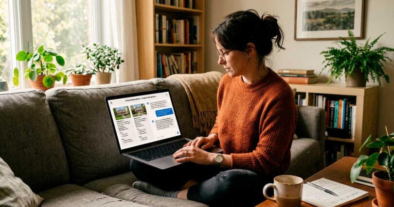 Mulher sentada no sofá de casa usando um laptop para comparar imóveis através de um chat com inteligência artificial. A tela mostra fotos de casas e uma análise comparativa detalhada fornecida por um agente de IA