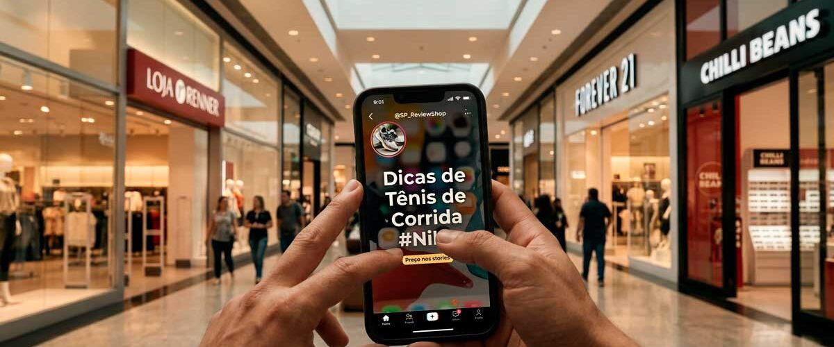 Mãos segurando um iPhone exibindo um vídeo de dicas de tênis de corrida no TikTok. O fundo mostra o corredor de um shopping center moderno com lojas e pessoas, ilustrando o uso de redes sociais para decisão de compra no ponto de venda.
