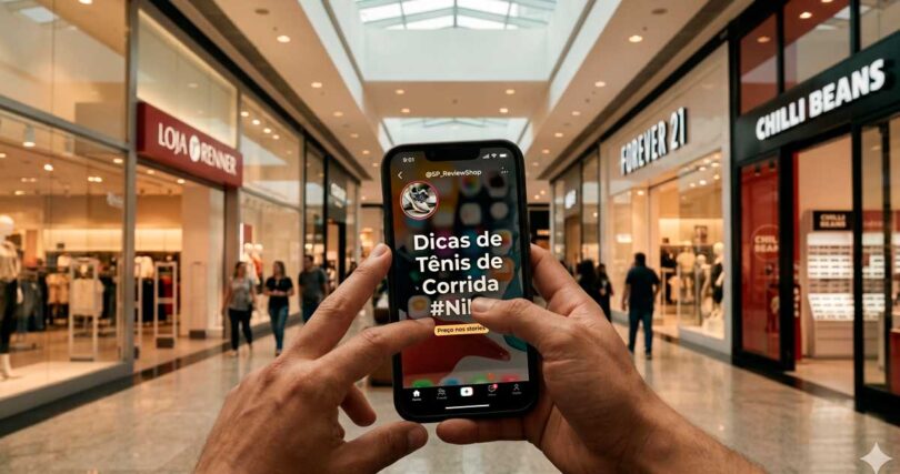 Mãos segurando um iPhone exibindo um vídeo de dicas de tênis de corrida no TikTok. O fundo mostra o corredor de um shopping center moderno com lojas e pessoas, ilustrando o uso de redes sociais para decisão de compra no ponto de venda.