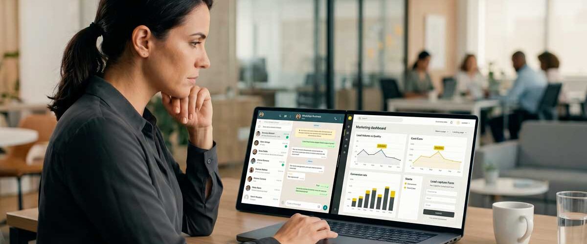 Profissional analisando WhatsApp e landing page em campanha de Meta Ads, avaliando métricas de performance em ambiente corporativo moderno.