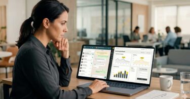 Profissional analisando WhatsApp e landing page em campanha de Meta Ads, avaliando métricas de performance em ambiente corporativo moderno.