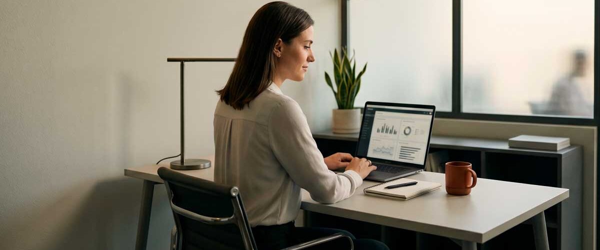 Mulher profissional em escritório moderno analisando dashboard de dados em um laptop. Ambiente com iluminação suave, tons de cinza e detalhes em amarelo, transmitindo foco e análise estratégica de marketing