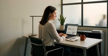 Mulher profissional em escritório moderno analisando dashboard de dados em um laptop. Ambiente com iluminação suave, tons de cinza e detalhes em amarelo, transmitindo foco e análise estratégica de marketing