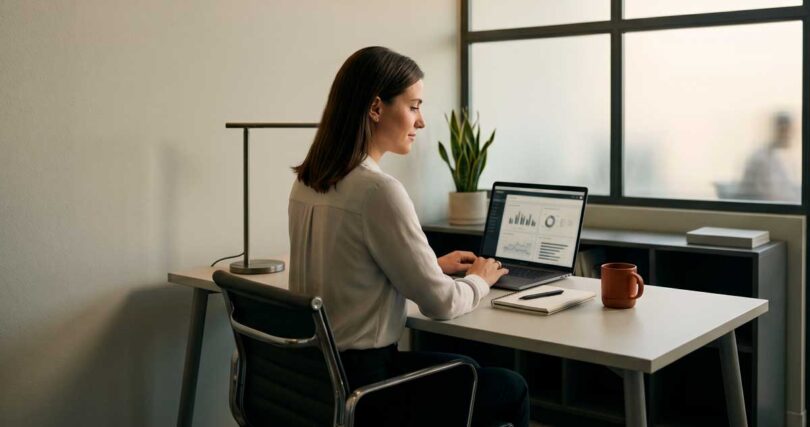 Mulher profissional em escritório moderno analisando dashboard de dados em um laptop. Ambiente com iluminação suave, tons de cinza e detalhes em amarelo, transmitindo foco e análise estratégica de marketing