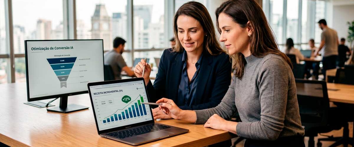Duas profissionais B2B em um escritório em São Paulo analisando dados de crescimento de receita por IA em telas de computador.