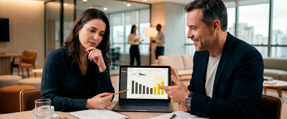 Consultor de vendas e cliente em reunião estratégica de SPIN Selling, analisando gráficos de desempenho em um notebook em ambiente corporativo moderno com paleta de cores cinza e amarelo.