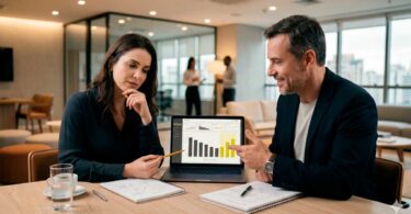 Consultor de vendas e cliente em reunião estratégica de SPIN Selling, analisando gráficos de desempenho em um notebook em ambiente corporativo moderno com paleta de cores cinza e amarelo.