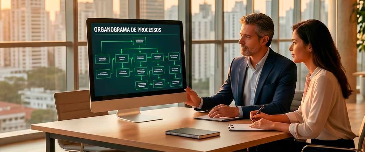 Dois profissionais em sala de vidro analisam organograma de processos em tela de computador, com horizonte urbano ao fundo