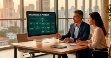 Dois profissionais em sala de vidro analisam organograma de processos em tela de computador, com horizonte urbano ao fundo