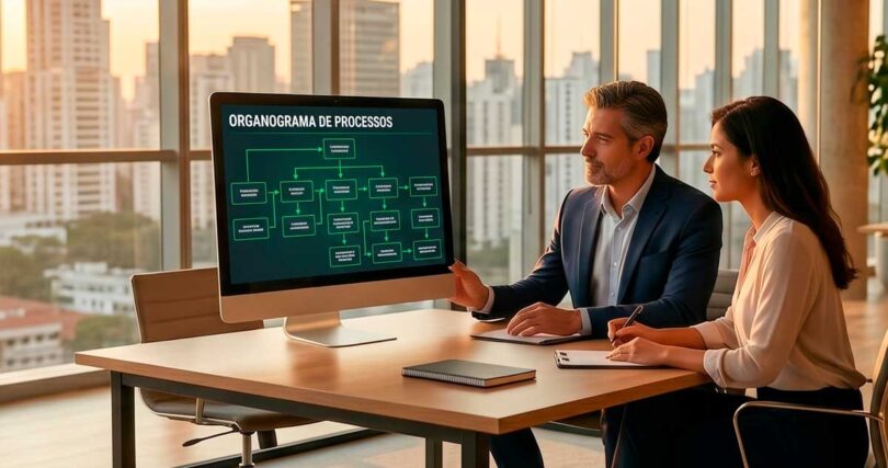 Dois profissionais em sala de vidro analisam organograma de processos em tela de computador, com horizonte urbano ao fundo