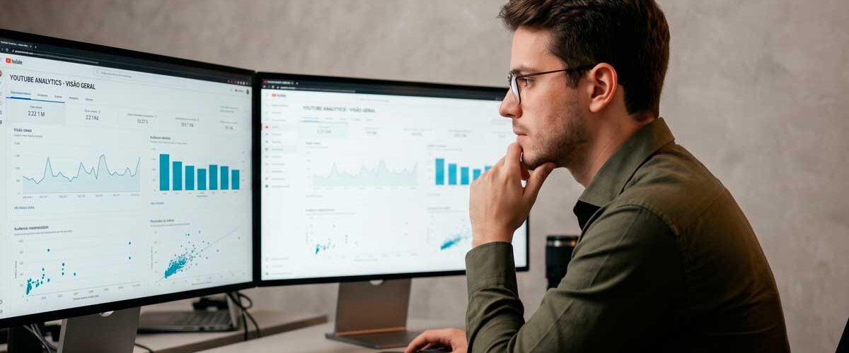 Homem de óculos analisa dados do YouTube Analytics em dois monitores em um escritório minimalista com iluminação quente