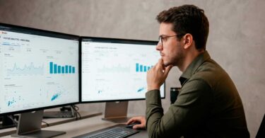 Homem de óculos analisa dados do YouTube Analytics em dois monitores em um escritório minimalista com iluminação quente