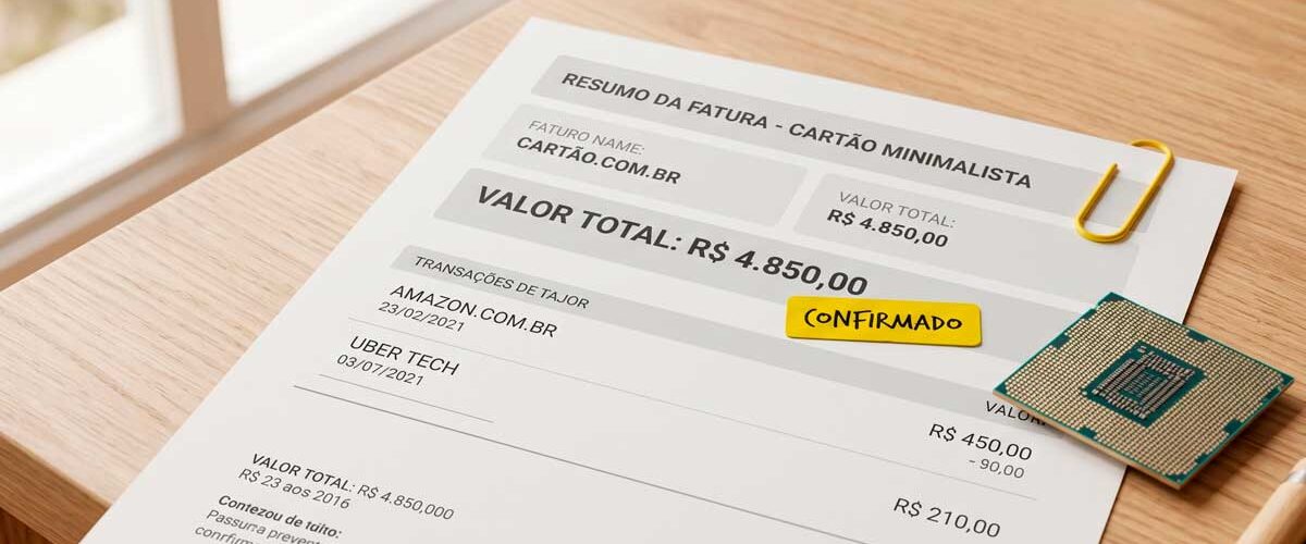 Fatura de cartão sobre mesa de madeira ao lado de um microchip de computador, caneta e clipe amarelo.