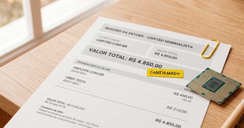 Fatura de cartão sobre mesa de madeira ao lado de um microchip de computador, caneta e clipe amarelo.