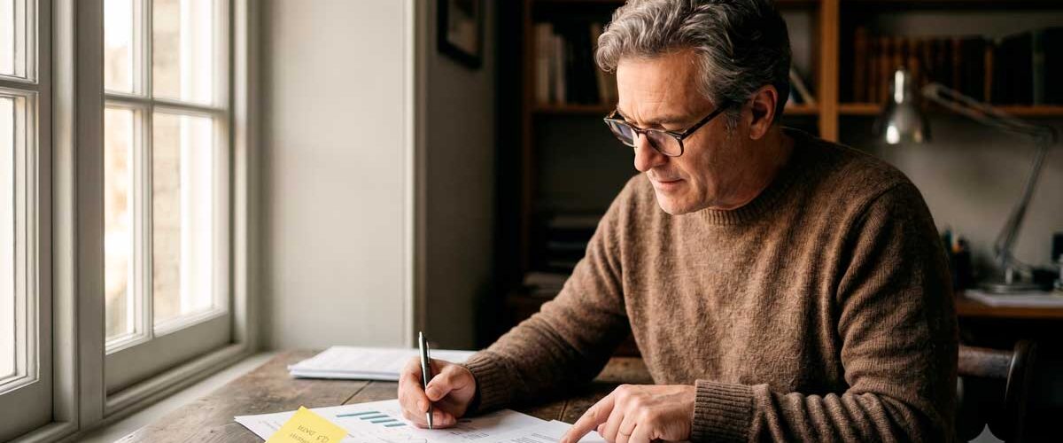 Homem de cabelos grisalhos e óculos sentado à mesa de madeira revisando documentos impressos próximos a uma janela