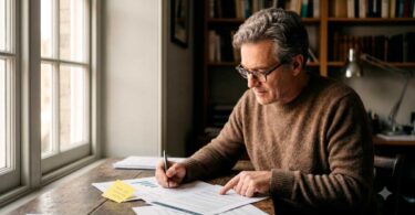 Homem de cabelos grisalhos e óculos sentado à mesa de madeira revisando documentos impressos próximos a uma janela