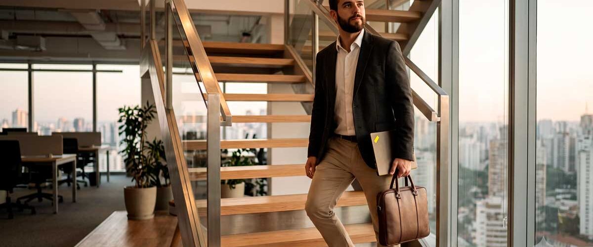 Homem de blazer cinza escuro sobe escada moderna de madeira em escritório em São Paulo ao entardecer.