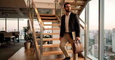 Homem de blazer cinza escuro sobe escada moderna de madeira em escritório em São Paulo ao entardecer.