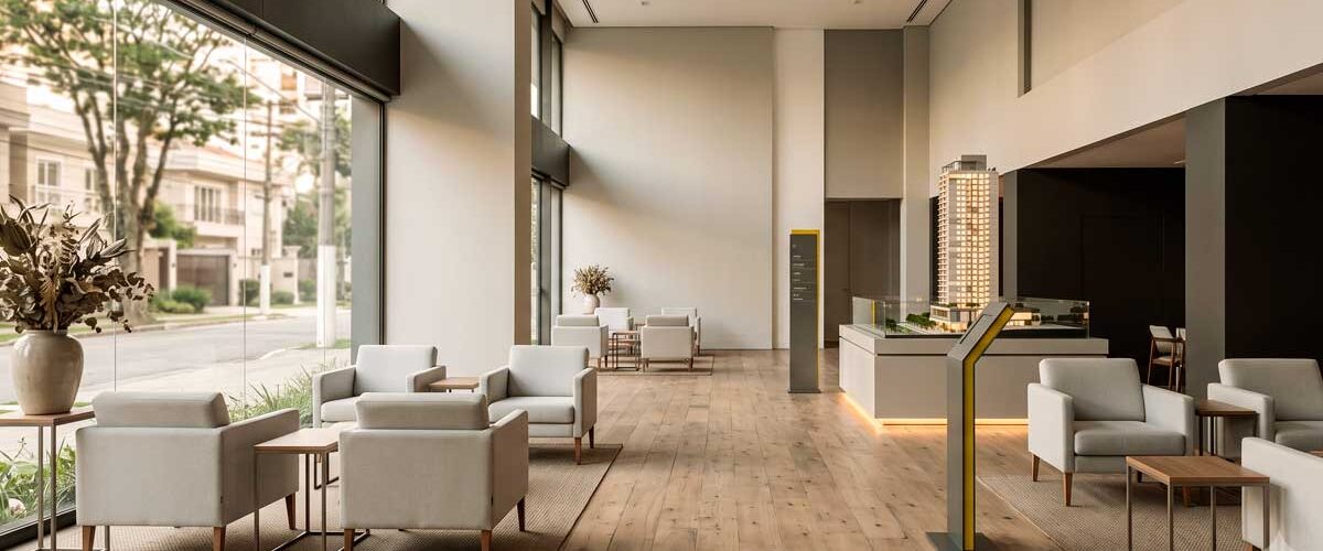 Interior de stand de vendas imobiliário térreo vazio, com poltronas cinzas, piso de madeira e maquete sob luz quente de fim de tarde.