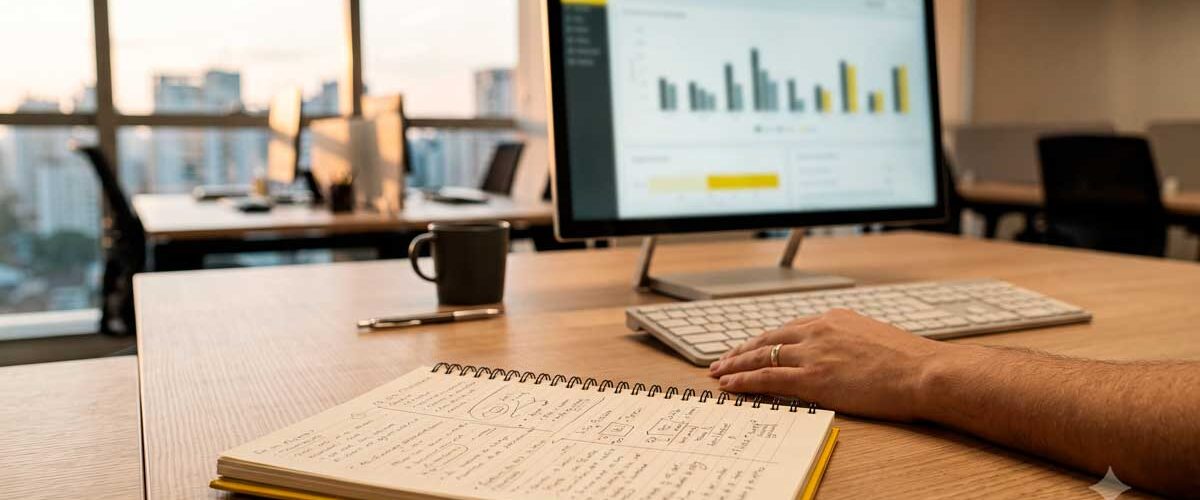 Close na mesa de madeira com notebook ligado exibindo gráficos, caderno amarelo aberto com anotações e mão relaxada.