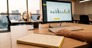 Close na mesa de madeira com notebook ligado exibindo gráficos, caderno amarelo aberto com anotações e mão relaxada.