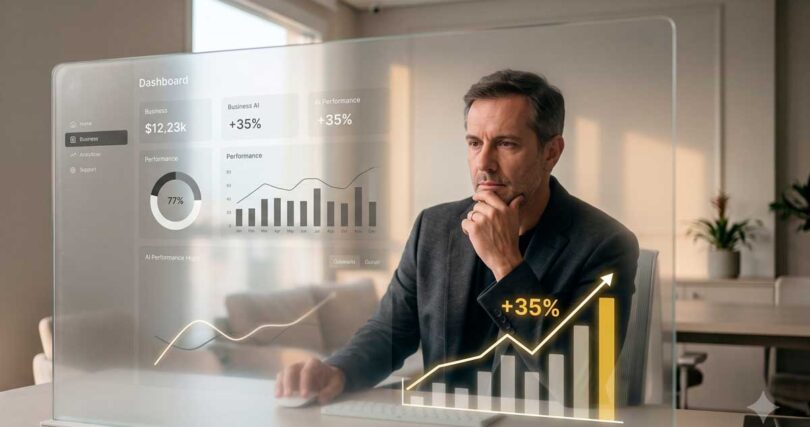 Executivo reflexivo observa gráfico de crescimento em painel de vidro transparente com luz quente de fim de tarde ao fundo.