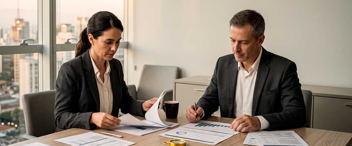 Homem e mulher em trajes sociais sentados à mesa de madeira, analisando relatórios impressos em sala iluminada.