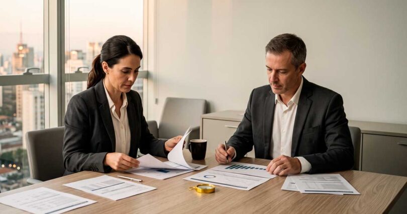 Homem e mulher em trajes sociais sentados à mesa de madeira, analisando relatórios impressos em sala iluminada.